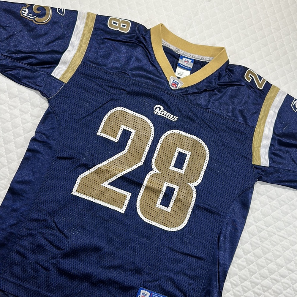 Youth Kids Medium football Jersey. Rams. Faulk. Reebok. Blue  Gold  White.